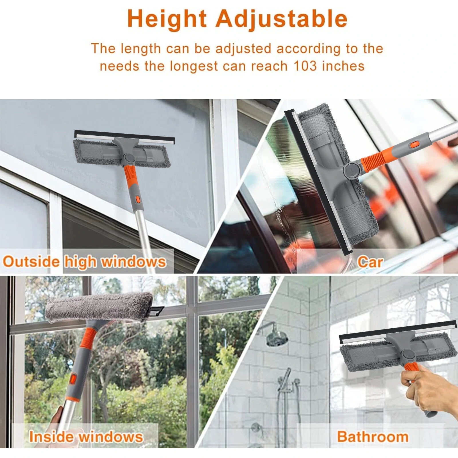 (image for) Professional Window Squeegee Cleaner, 2 in 1 Shower Squeegee with Extension Pole, 103 IN Telescopic Window Washing Equipment with Bendable Head, Glass Cleaning Tools for Indoor/Outdoor High W