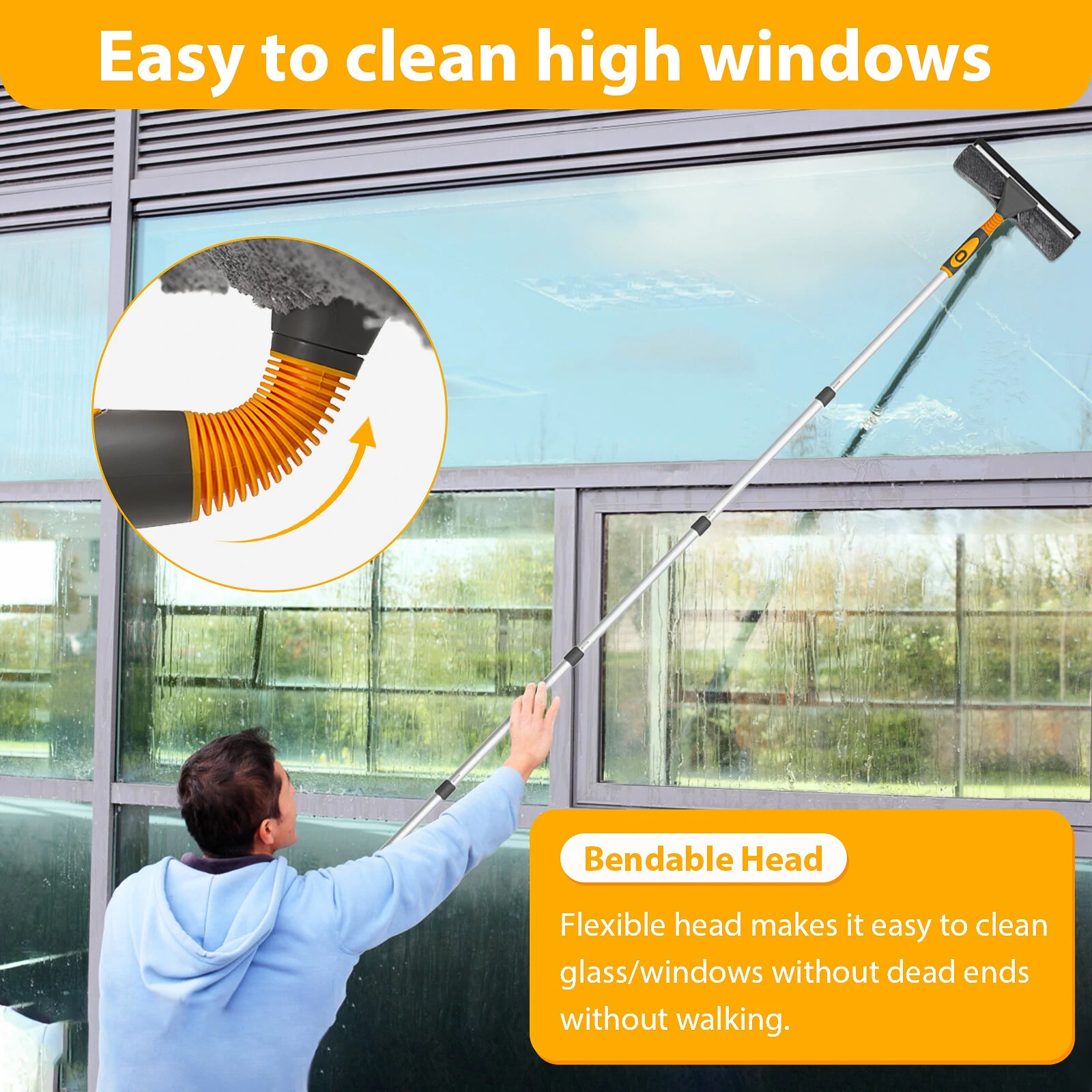 (image for) Professional Window Squeegee Cleaner, 2 in 1 Shower Squeegee with Extension Pole, 103 IN Telescopic Window Washing Equipment with Bendable Head, Glass Cleaning Tools for Indoor/Outdoor High W